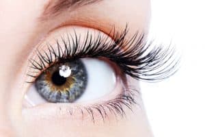 Beauty female eye with curl long false eyelashes - macro shot over white background
