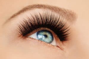 Female eye with extreme long false eyelashes and black liner. Eyelash extensions, make-up, cosmetics, beauty. Close up, macro